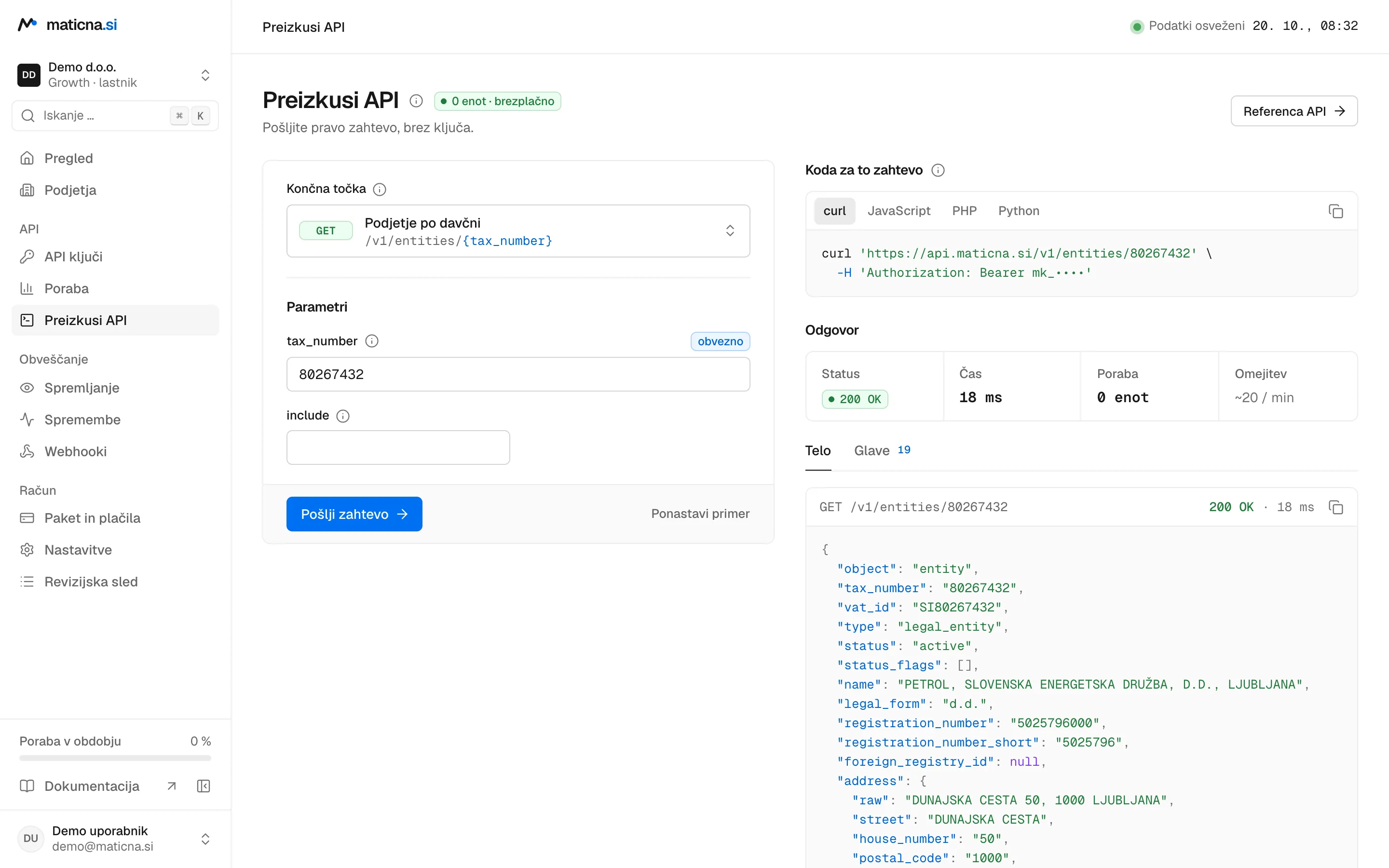 Preizkus API v aplikaciji: zahteva GET /v1/entities/80267432 in odgovor 200 z JSON zapisom podjetja Petrol