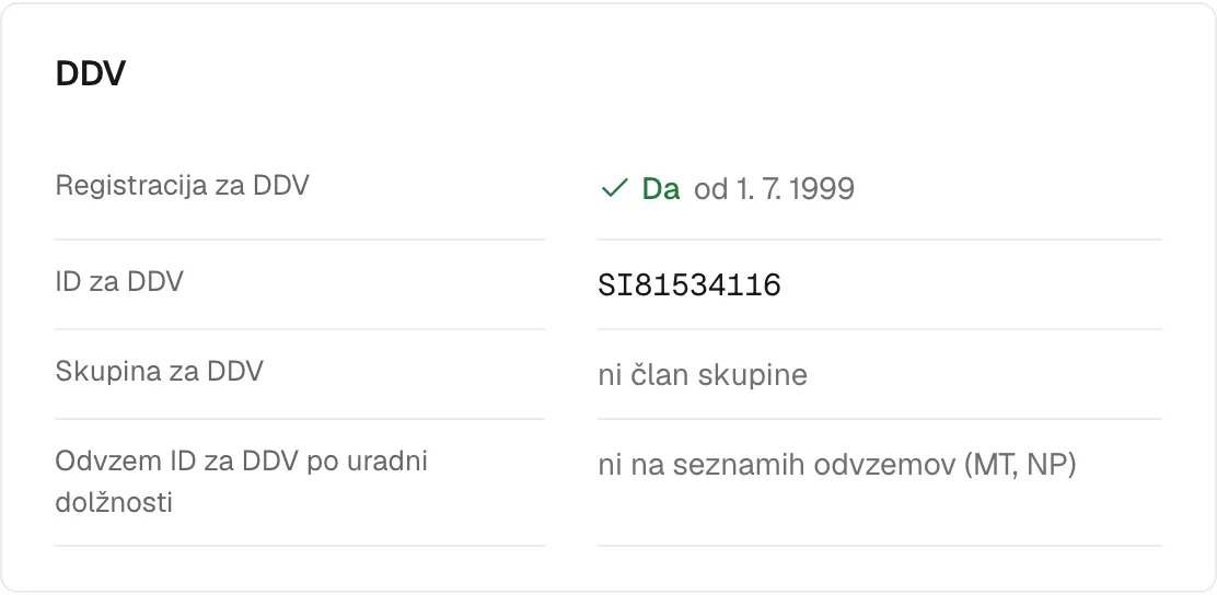 Razdelek DDV v profilu: registracija od 1. 7. 1999, ID za DDV, skupina in odvzemi